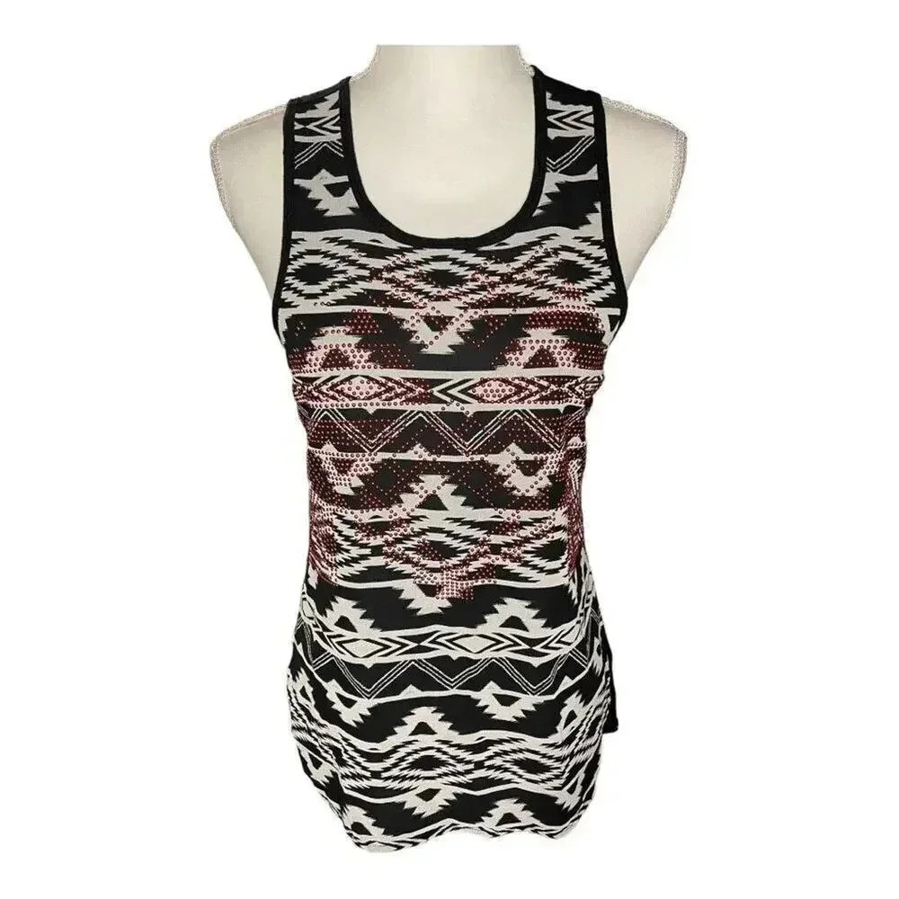 EXPRESS Women’s XS Black &‎ Red Aztec Print Studded Sleeveless Top